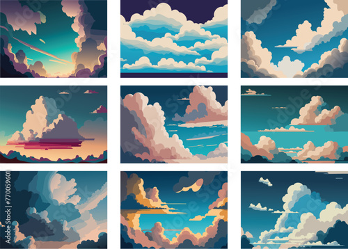 Set of different vector skies, sky illustration, clouds and sunsets -  prints