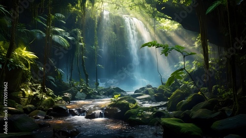 Panoramic view of a waterfall in the rainforest. Long exposure