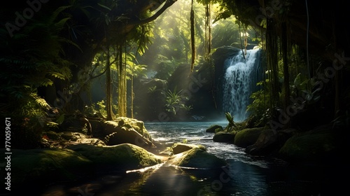 Panoramic view of a beautiful waterfall in a green forest.