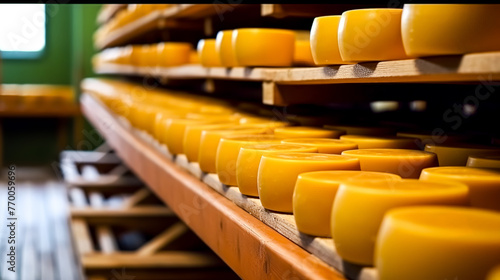 A large stack of yellow cheese wheels. The cheese is stacked on top of each other in a wooden case
