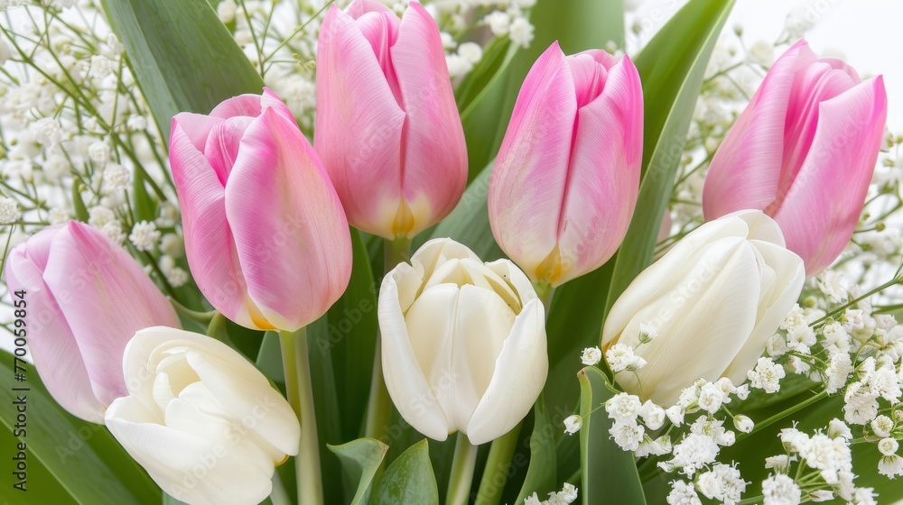  A vase of pink and white tulips with baby's breath