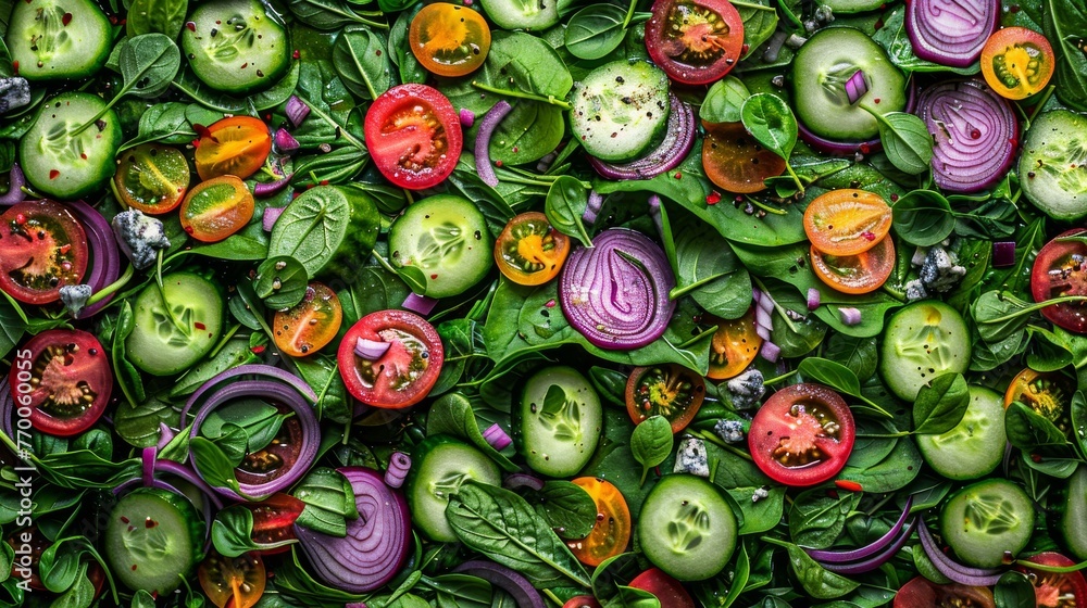 various vegetables arranged on a bed of spinach various vegetables arranged on a bed of spinach