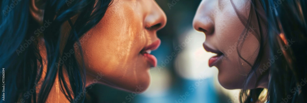 A pair of women are standing side by side in this straightforward scene A pair of women are standing side by side in this straightforward scene