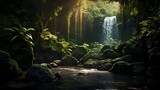 Panoramic view of a waterfall in the rainforest at night