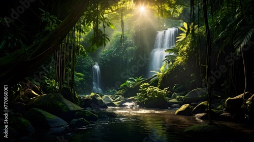 Panorama of a waterfall in a tropical rainforest with sunbeams