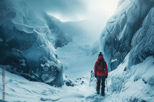 Person in Red Jacket Walking Up Snowy Mountain
