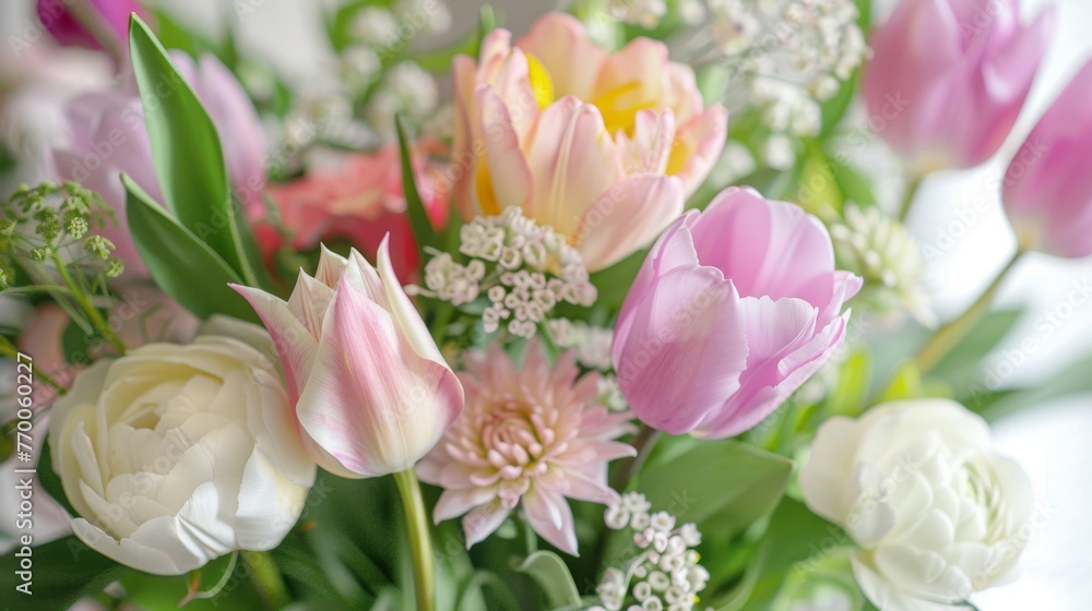  A detailed shot of pink, white, yellow, and pink flowers in the focal area