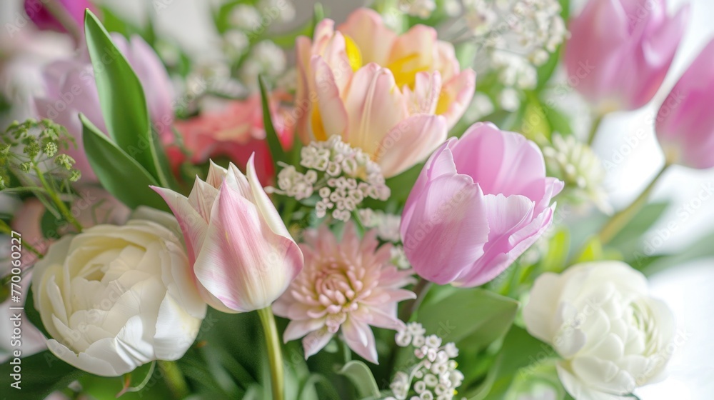A detailed shot of pink, white, yellow, and pink flowers in the focal area A detailed shot of pink, white, yellow, and pink flowers in the focal area