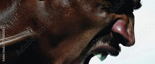 A close-up side view capturing a mans face, showcasing sweat glistening on his dark skin, evoking a sense of determination