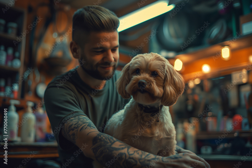 Veterinarian cutting dogs hair with equipment at clinic, groomer, dog hairdresser. washing dogs, smooth fur, portrait and close-up. man and woman grooming barbershop happy dog salon and studio Veterinarian cutting dogs hair with equipment at clinic, groomer, dog hairdresser. washing dogs, smooth fur, portrait and close-up. man and woman grooming barbershop happy dog salon and studio
