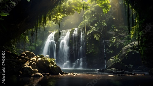 Beautiful waterfall in the rainforest. Panoramic view.