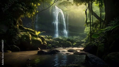 Beautiful waterfall in the forest. Panorama of a waterfall in the jungle.