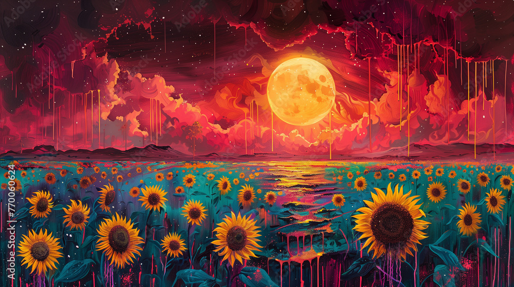 A psychedelic surrealist painting of a sunflowers field.