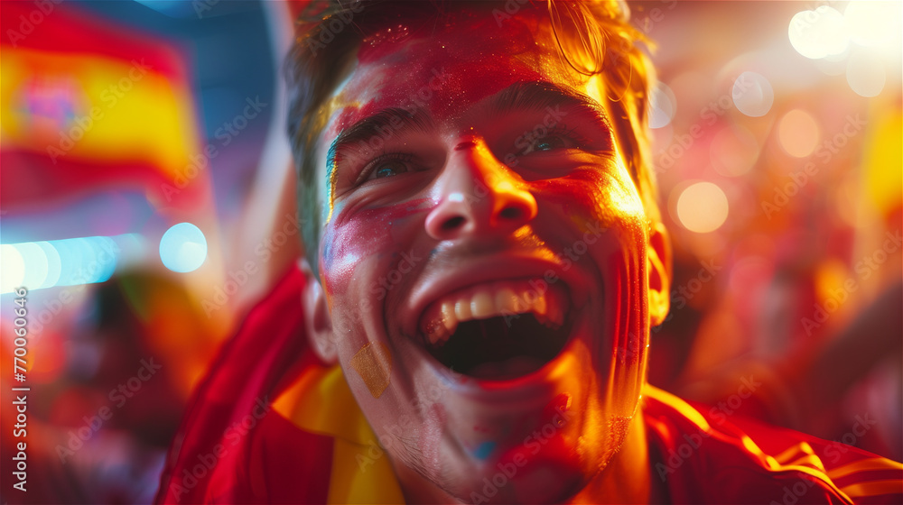 A cheerful fan of the national team with a cheering crowd in the background.
