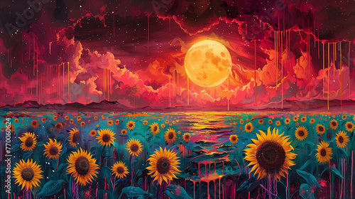 Obraz na płótnie A psychedelic surrealist painting of a sunflowers field. w salonie