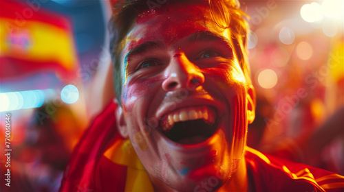 A cheerful fan of the national team with a cheering crowd in the background.
