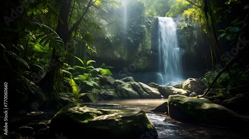 Panoramic view of beautiful waterfall in tropical rainforest. Nature background © Iman