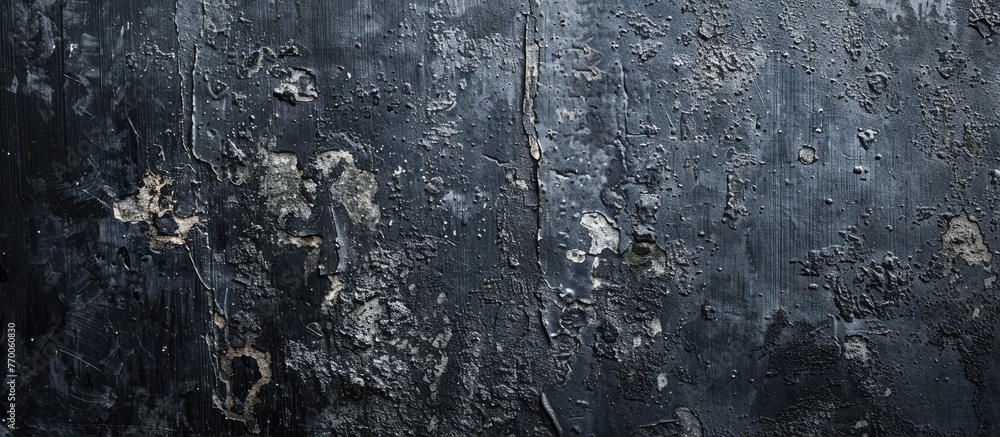 Fototapeta premium A detailed shot of a dark black wall covered in various spots, resembling a tire pattern. The texture gives off a freezing and industrial feel, with hints of metal and city grime
