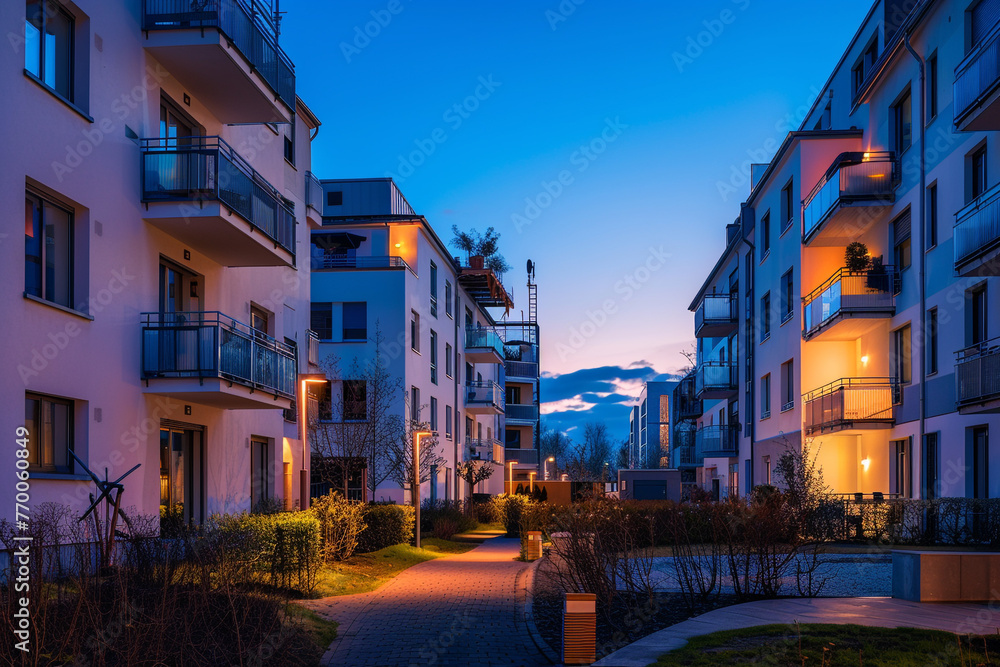 Side angle view of European apartment complex during blue hour, tranquil beauty against blue-toned sky.