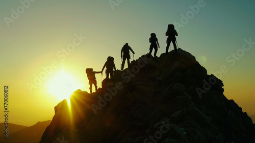  teamwork assistance mutual thanks mountain top climb ,Silhouette of climbers who climbed to the top of the mountain thanks to mutual assistance and teamwork