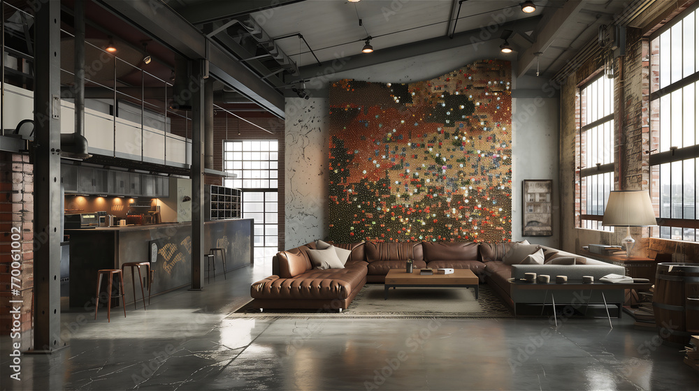 The interior of a luxurious living room adapted from an old room in an industrial building.