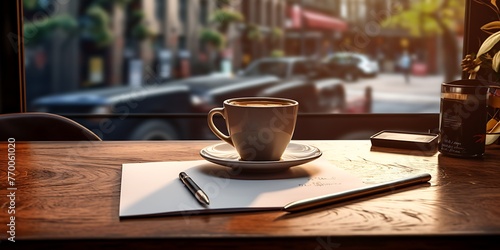 Coffee cup and notepad on wooden table near window.
