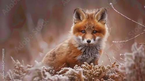  A close-up of a fox amidst a field of green grass and shrubs, blanketed by fresh snow