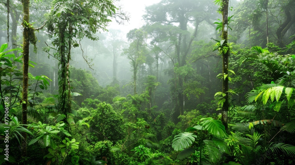 Fototapeta premium A dense, verdant woodland brimming with myriad flora amidst towering arboreal giants