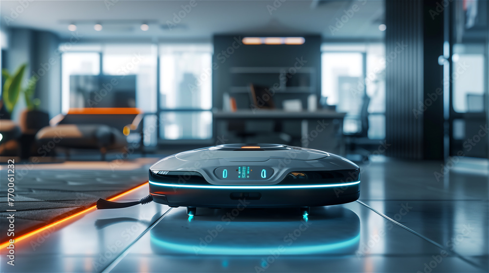 Cleaning robot in office space.