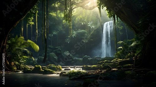 Panoramic view of a waterfall in a deep tropical rainforest