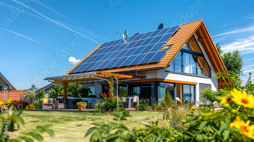 House with solar panels on the roof. Sustainable and clean energy at home