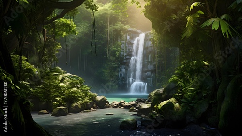 Panorama of a beautiful waterfall in the forest with green foliage.