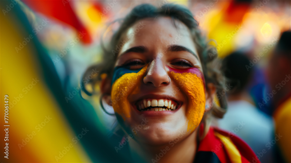A cheerful fan of the national team with a cheering crowd in the background.