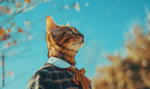 Bengal cat wearing beautiful clothes - standing outdoor in a cinematic portrait pose