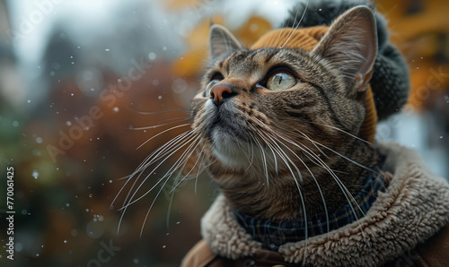 Bengal cat wearing beautiful clothes - standing outdoor in a cinematic portrait pose