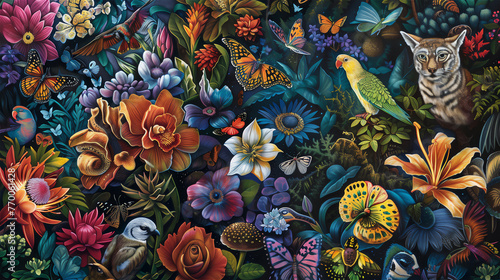Obraz na płótnie The illustration features a diverse array of flora and fauna from around the world, symbolizing the richness and importance of biodiversity. w salonie