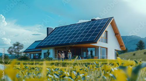 House with solar panels on the roof. Sustainable and clean energy at home