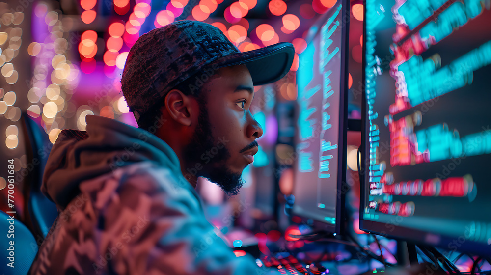 A computer coding enthusiast debugging lines of code on multiple ...