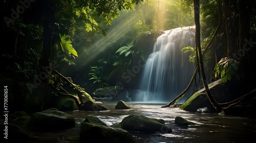 Panoramic view of a beautiful waterfall in a deep tropical rainforest