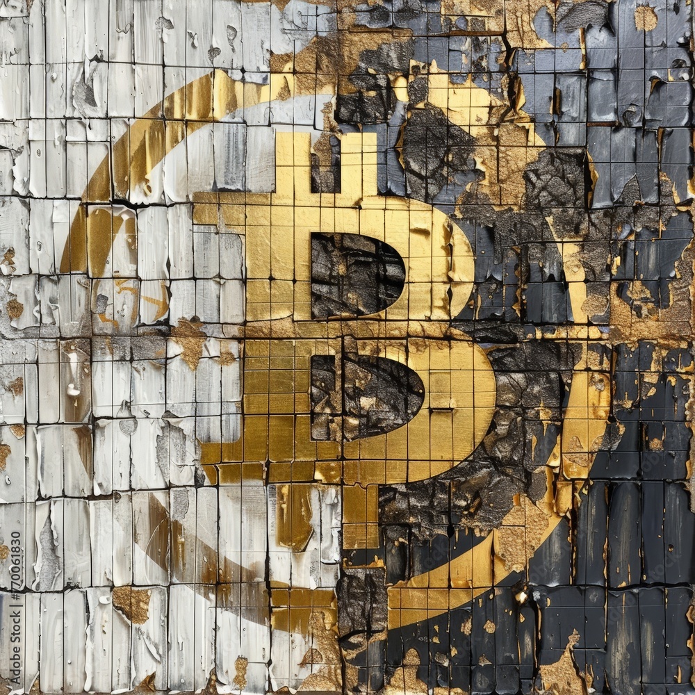 golden bitcoin symbol on wall, black and white background