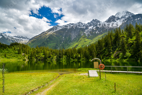 Picturesque Golzerensee lake in Swiss Alps in Switzerland