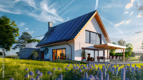 House with solar panels on the roof. Sustainable and clean energy at home