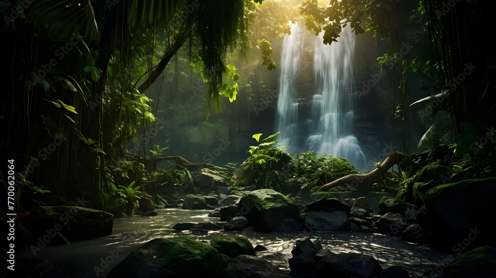 Beautiful waterfall in the jungle. Panoramic view of a waterfall in the jungle.