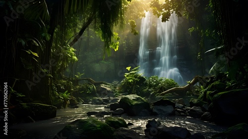 Beautiful waterfall in the jungle. Panoramic view of a waterfall in the jungle.