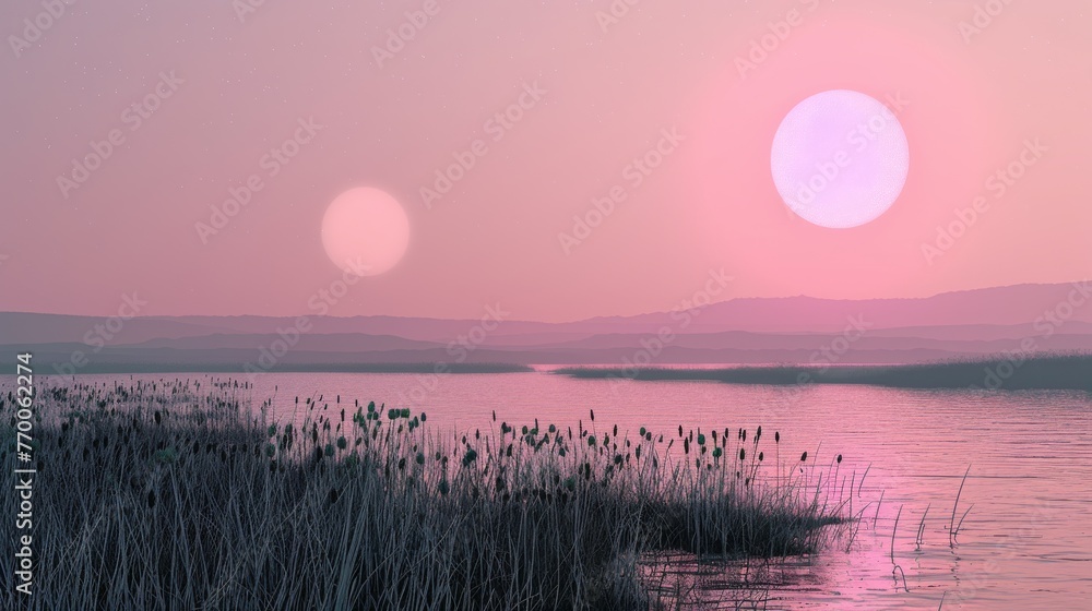  Sun settles over water, reeds in front, mountains behind - obrazy, fototapety, plakaty 