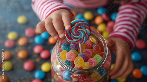 Child's Joyful Lollipop Grab: Sugary Delight