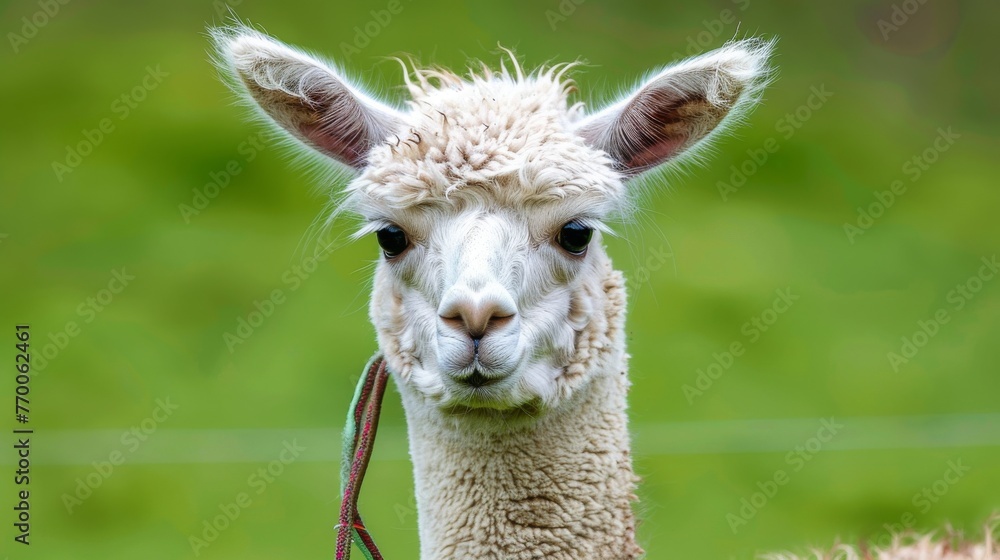  An image displays a close-up of a llama with a leash on its neck, against a green field backdrop