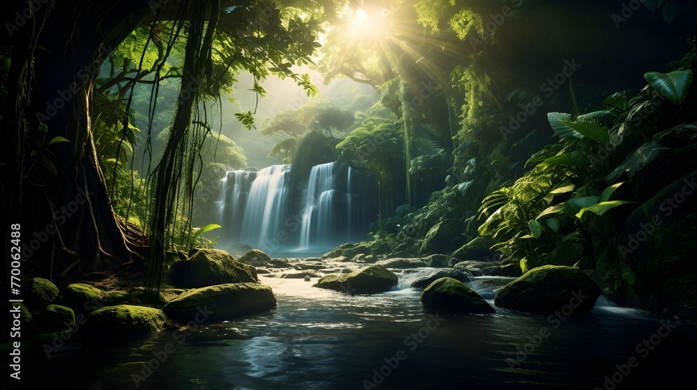 Tropical waterfall in deep forest. Panoramic view of beautiful waterfall in deep forest.