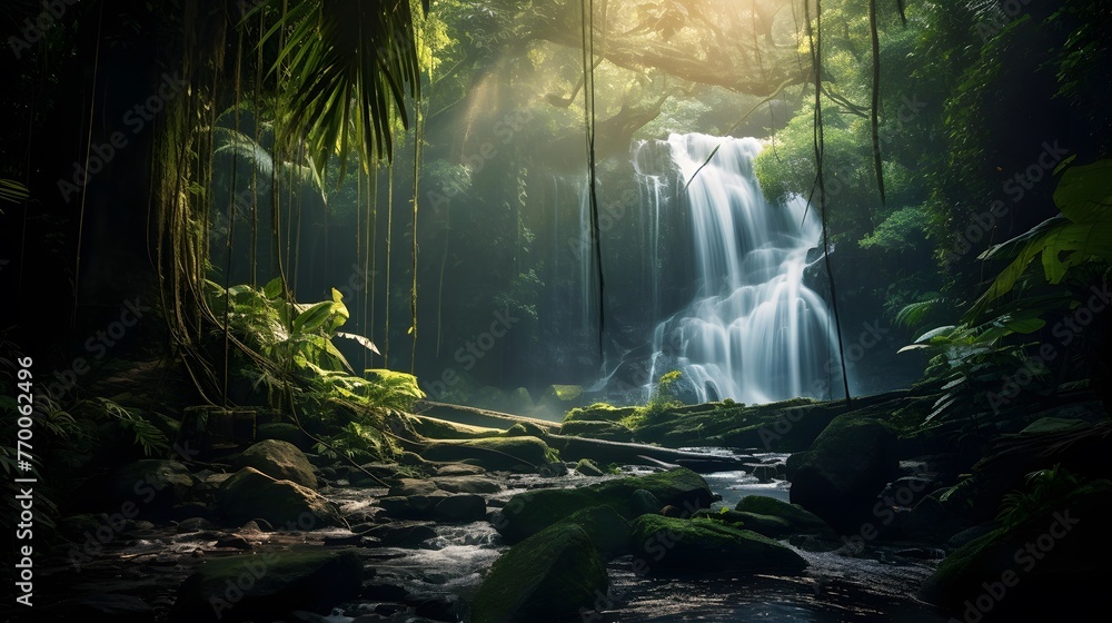 Panoramic view of a waterfall in a tropical rainforest.