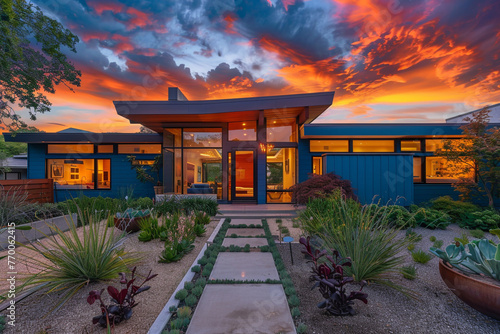 Stunning contemporary home against fiery sunset, cool blue exterior, curated front yard with native plants, welcoming atmosphere, vibrant and clear.